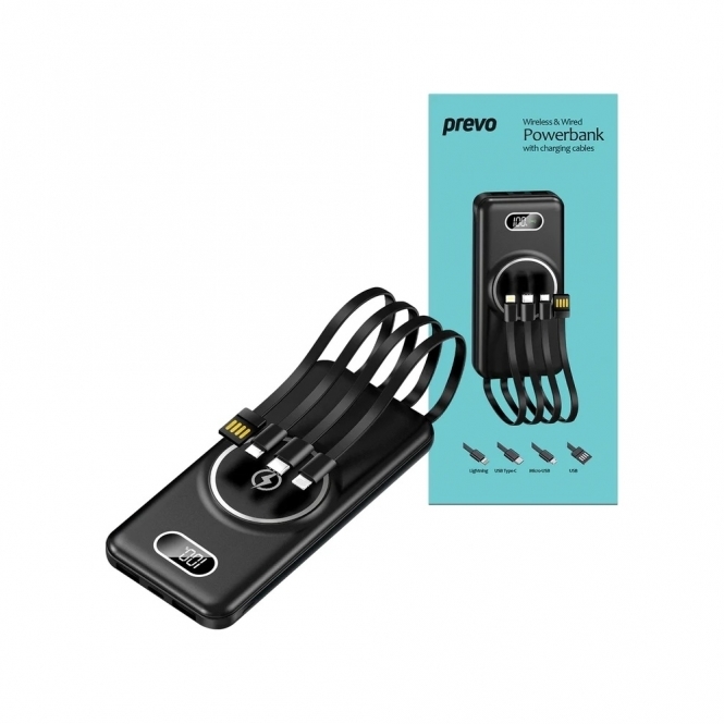 Prevo Prevo Powerbank with Cables 10,000 mAh, Black